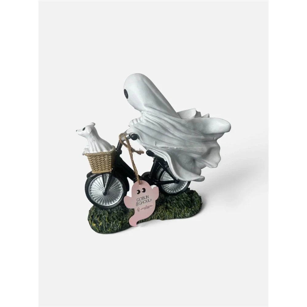 Goblin & Ghoul Halloween Ghost Riding Bicycle with Ghost Dog Figurine Decor